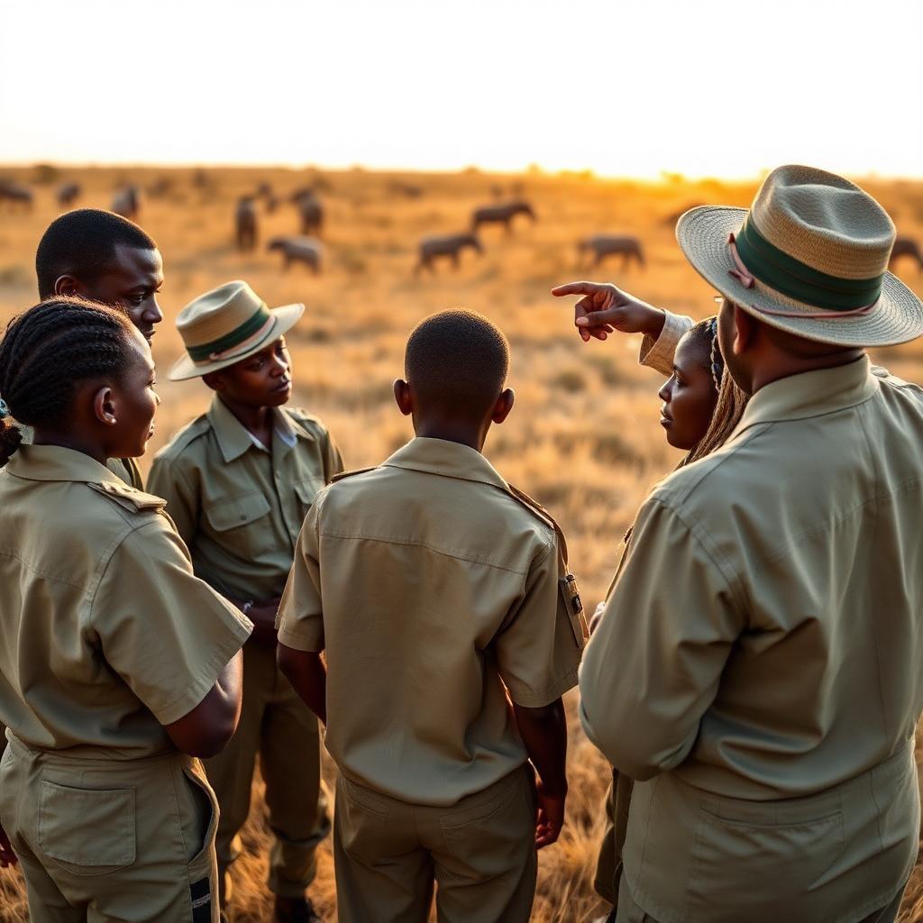 Young Zambian conservation trainees in field uniforms learning outdoors in the South Luangwa savannah