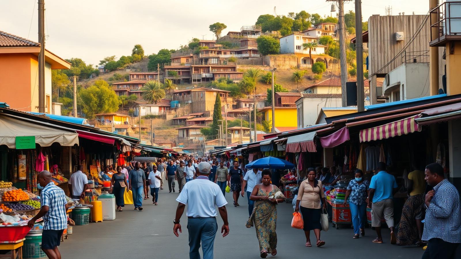 Busy urban street scene in Madagascar with market stalls and hillside houses